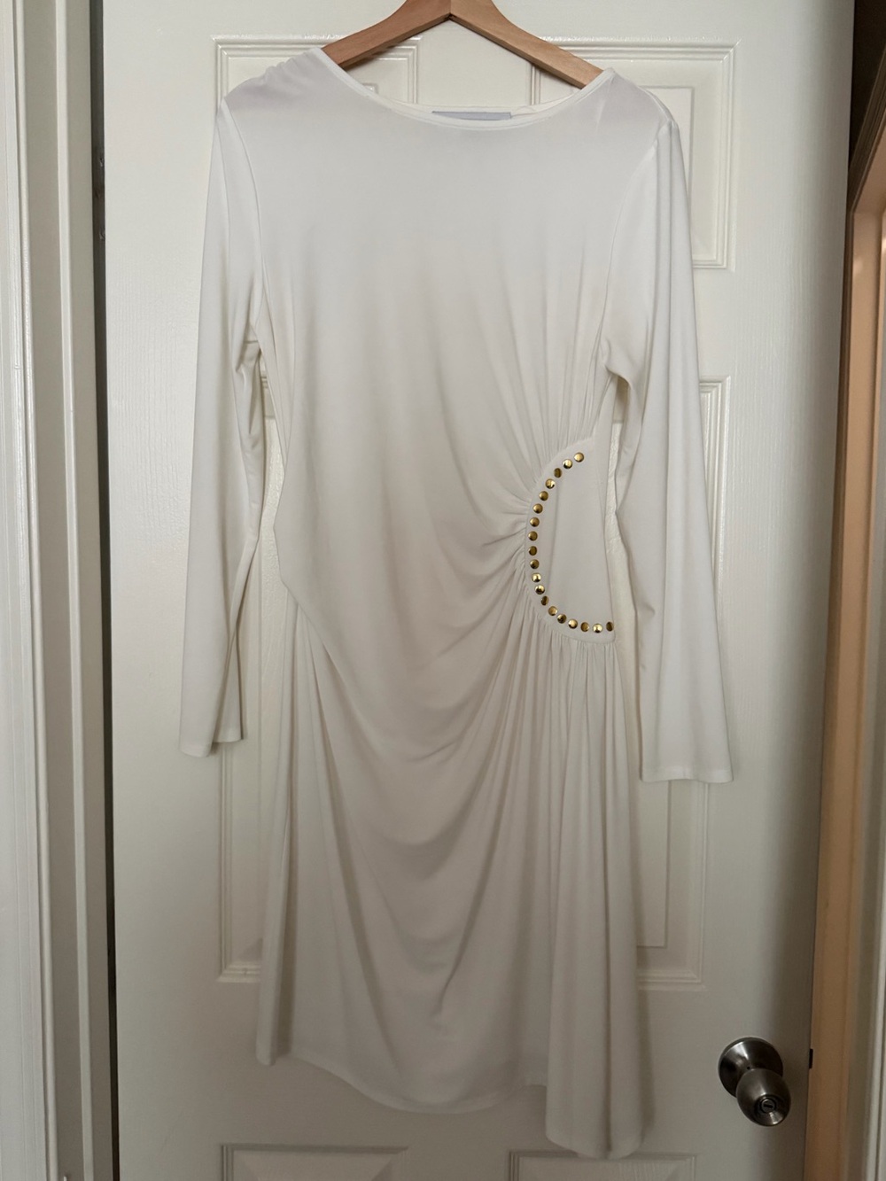 Emma & Michele Cream Long-Sleeve Ruched Dress with Gold Studs